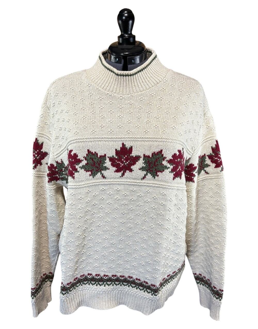 Vtg Winter White Parkhurst Holiday Festive Sweater SZ XL Cotton Red Green Leaves